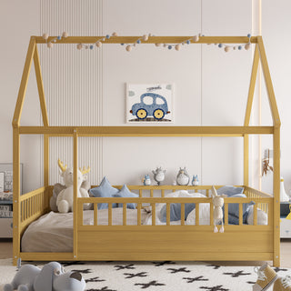 AIhouse Full Size Floor Wooden Bed With House Roof Frame And Fence Guardrails Natural Pine