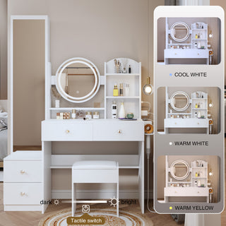 AIHouse 17Inch LED Vanity Table with Round Mirror Cabinet, Cushioned Stool, Touch Control, 3-Color Light, and AC/USB Power Station