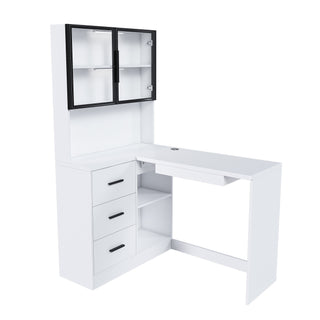 AIhouse White L Shaped Computer Desk With Glass Cabinets LED Lights USB Ports Keyboard Tray