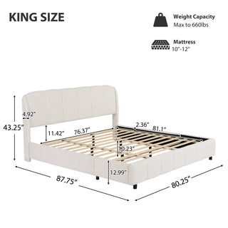 AIHouse King Size Boucle Upholstered Platform Bed with Curve-Shaped Headboard, Beige