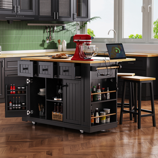 AIhouse 53 Inch Kitchen Island With Two Bar Stools Power Outlet Black