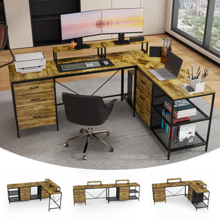 AIhouse 114 Inch L-Shaped Desk With USB-C Power Outlets Rustic Brown