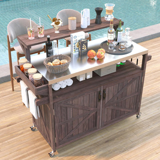 AIhouse 53.3 Inch Brown Outdoor Kitchen Island with Raised Shelf, Solid Wood Cabinet, Stainless Steel Top, Rolling Cart, and Adjustable Storage Rack