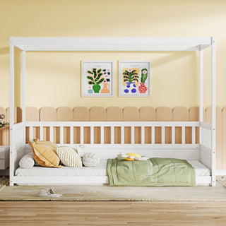AIhouse Twin Size Canopy Bed Frame With Guardrails Four Poster Design White Pine Montessori Floor Bed