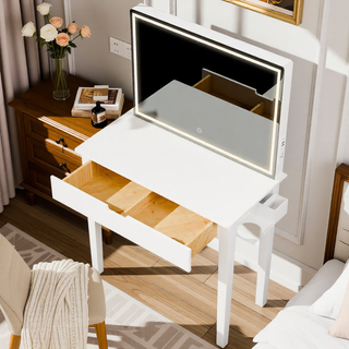AIHouse White Vanity Desk Set With Mirror, 1 Drawer Storage, Dimmable LED Light & Stool for Bedroom