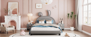 AIHouse Full Size Upholstered Leather Platform Bed with Rabbit Ornament, Gray