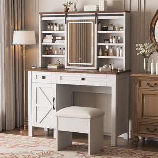 AIHouse Farmhouse Makeup Vanity Desk with Sliding Mirror, Lights, Hairdryer Holder, Charging Socket, 2 Drawers and Storage Cabinet for Bedroom