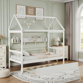 AIHouse White Solid Wood Twin House Bed Frame with Trundle, No Box Spring Needed