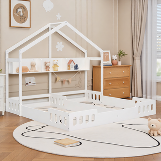AIHouse Creamy White Wood Twin Size House Platform Beds with Shelves and Guardrail