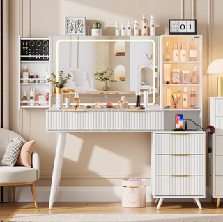 AIHouse White Glass Top Vanity Desk with Mirror and Lights, Makeup Table with Drawers for Bedroom