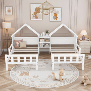 AIHouse White Double Twin Size Platform Bed with House-shaped Headboard and Built-in Nightstand