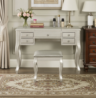AIHouse Silver Classic Vanity Set with Stool, Open-up Mirror, Drawers, Cushion Seat & Unique Legs