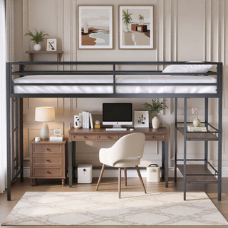 AIHouse Black Sturdy Junior Twin Loft Bed with Cinnamon Wood Shelf, Easy Climbing Ladder and Guardrails for Kids Bedroom, Space Saving