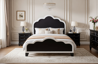 AIHouse Twin Size Fully Upholstered Platform Bed with Floral Design Headboard and LED, White Finish