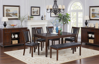 AIHouse Walnut Black 6pcs Dining Table Set with 4 Side Chairs and Bench
