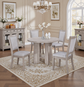 AIHouse 5pc Round Dining Table Set with Upholstered Chairs in Beige Driftwood Finish