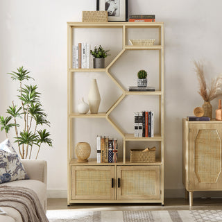 AIhouse Rattan Bookshelf 7-Tier With Cabinet Natural Boho Storage Rack For Living Room Home Office 39.4W X 75.6H